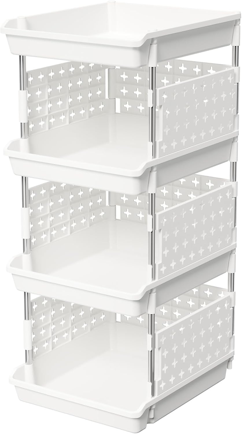 Plastic Stackable Storage Baskets, 4 Tier Stacking Bins for Food and Clothes, Multifunctional Organizer for RV, Kitchen, Playroom, Pantry and Bathroom, 13.8"D x 11.8"W x 28.3"H, 1 Pack, White