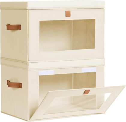 Homsorout Large Closet Storage Organizer - Clothes Storage Bins with Handles & Window, Collapsible Decorative Boxes with Lids, Fabric Containers for Living Room, Dorm, 2 Pack, Beige