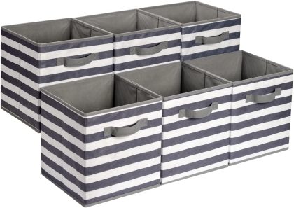 Amazon Basics Collapsible Fabric Storage Bins with Handles, Cube Organizer for Home Organization, 10.5"x10.5"x11", White/Light Grey Stripe, 6-Pack