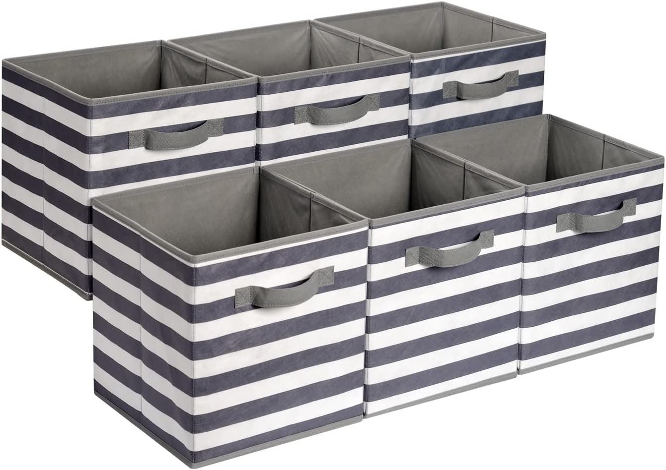 Collapsible Fabric Storage Bins with Handles, Cube Organizer for Home Organization, 10.5"x10.5"x11", White/Light Grey Stripe, 6-Pack