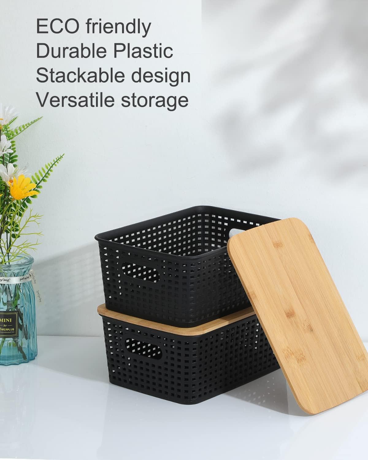 Storage Bins with Bamboo Lids Set of 6 Lidded Storage Container Plastic Baskets Organizer Bins for Organizing Kithen Room Bedroom Office Closet, Sturdy(Black) - Image 3