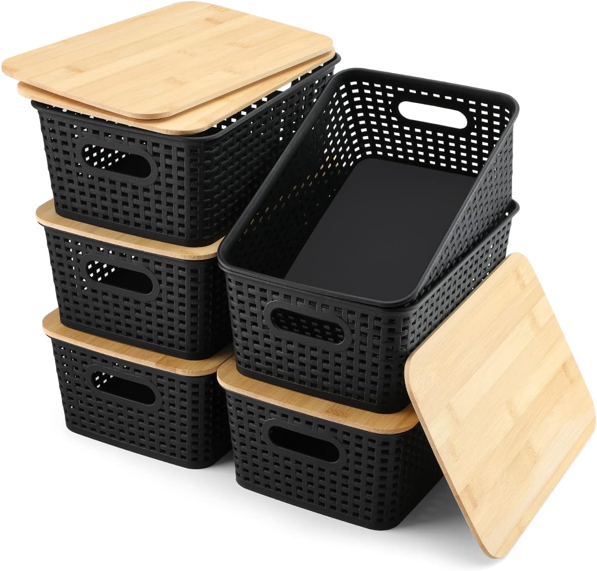 Storage Bins with Bamboo Lids Set of 6 Lidded Storage Container Plastic Baskets Organizer Bins for Organizing Kithen Room Bedroom Office Closet, Sturdy(Black)
