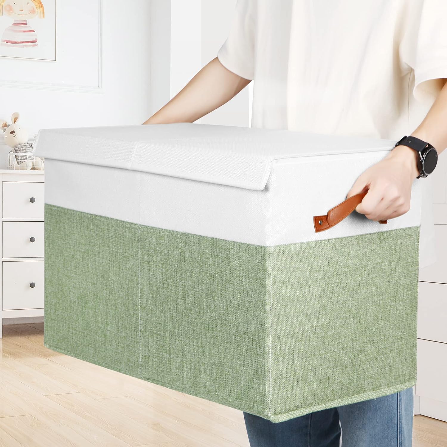 Large Toy Storage Box with Lid, Sturdy Toys Storage Chest Bin Organizer Basket with Dividers for Kids, Boys, Girls, Nursery, Closet, Bedroom, Playroom 25"x13" x16" (Green and White) - Image 6