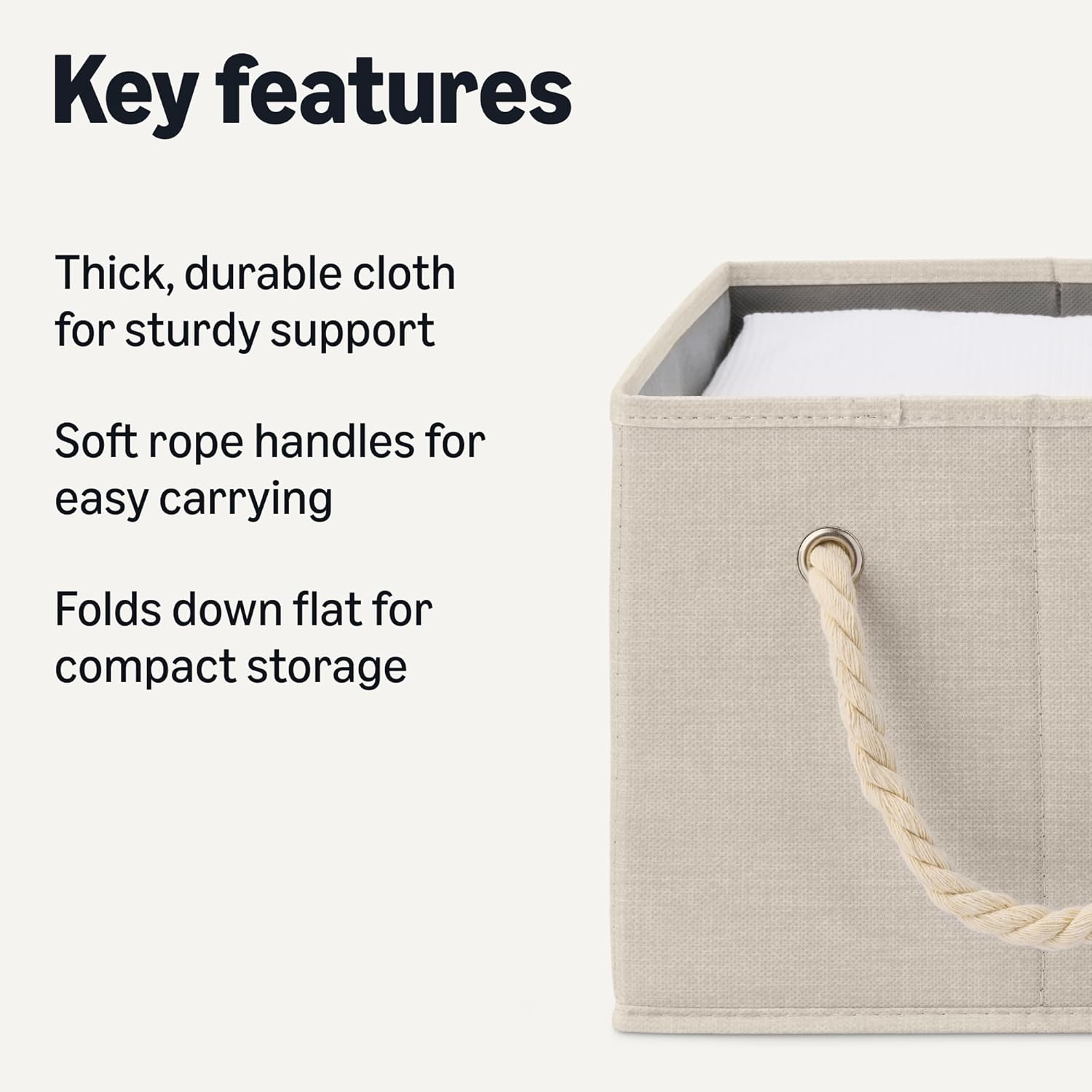 Foldable Storage Bins with Rope Handles, Closet Organizers, Large, Linen, 3-Pack - Image 2