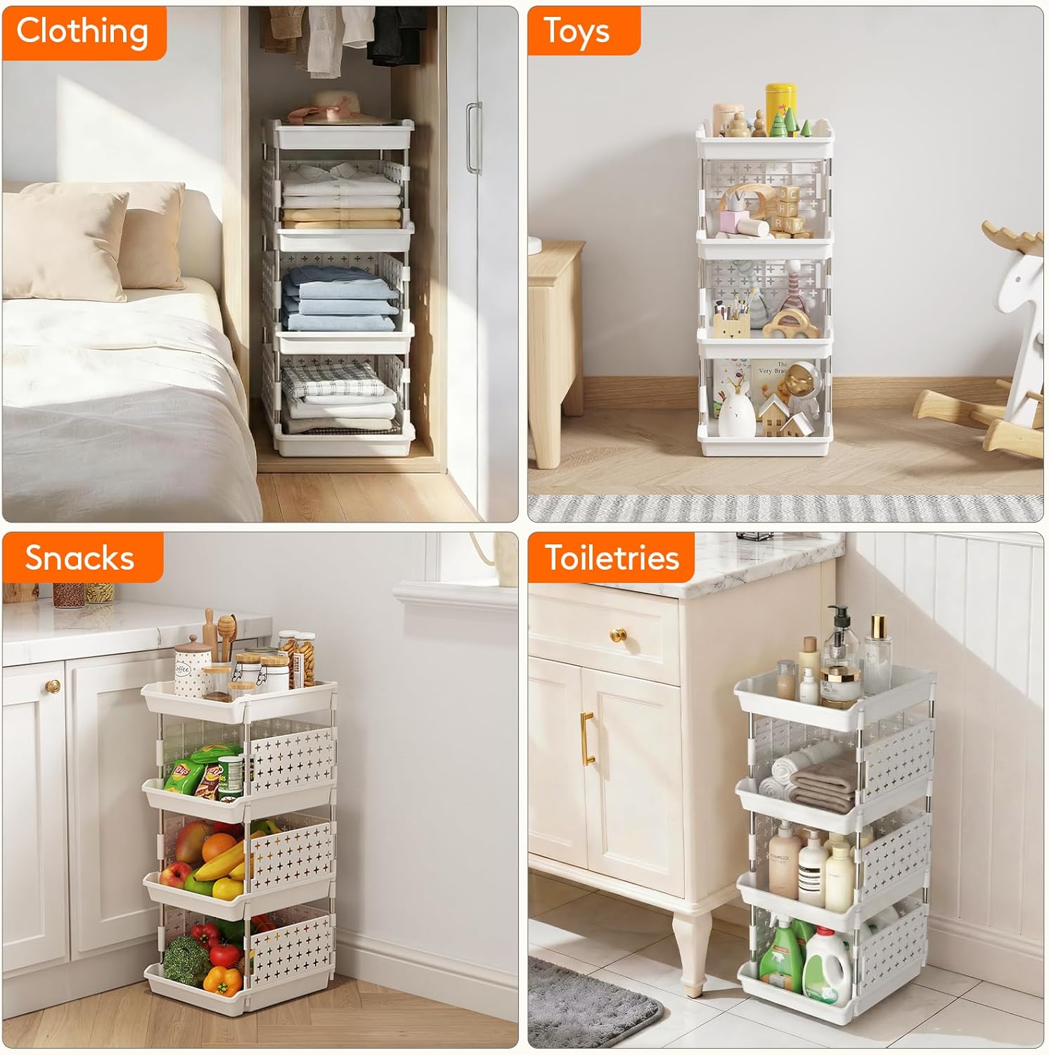 Plastic Stackable Storage Baskets, 4 Tier Stacking Bins for Food and Clothes, Multifunctional Organizer for RV, Kitchen, Playroom, Pantry and Bathroom, 13.8"D x 11.8"W x 28.3"H, 1 Pack, White - Image 4