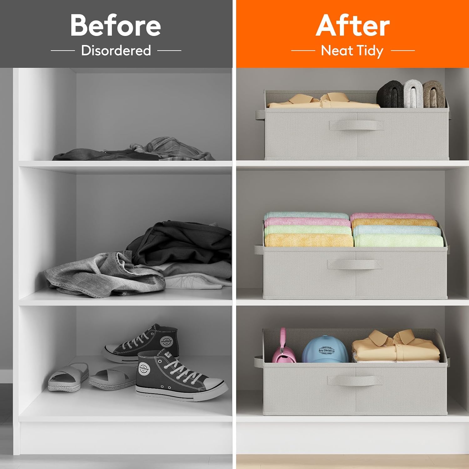Extra Large Trapezoid Closet Storage Bins for Shelf, 6 Packs Non-woven Closet Organizer Baskets with Handles, Foldable Clothes Containers Boxes for Clothing, Book, Purse, 23L, Light Gray - Image 6