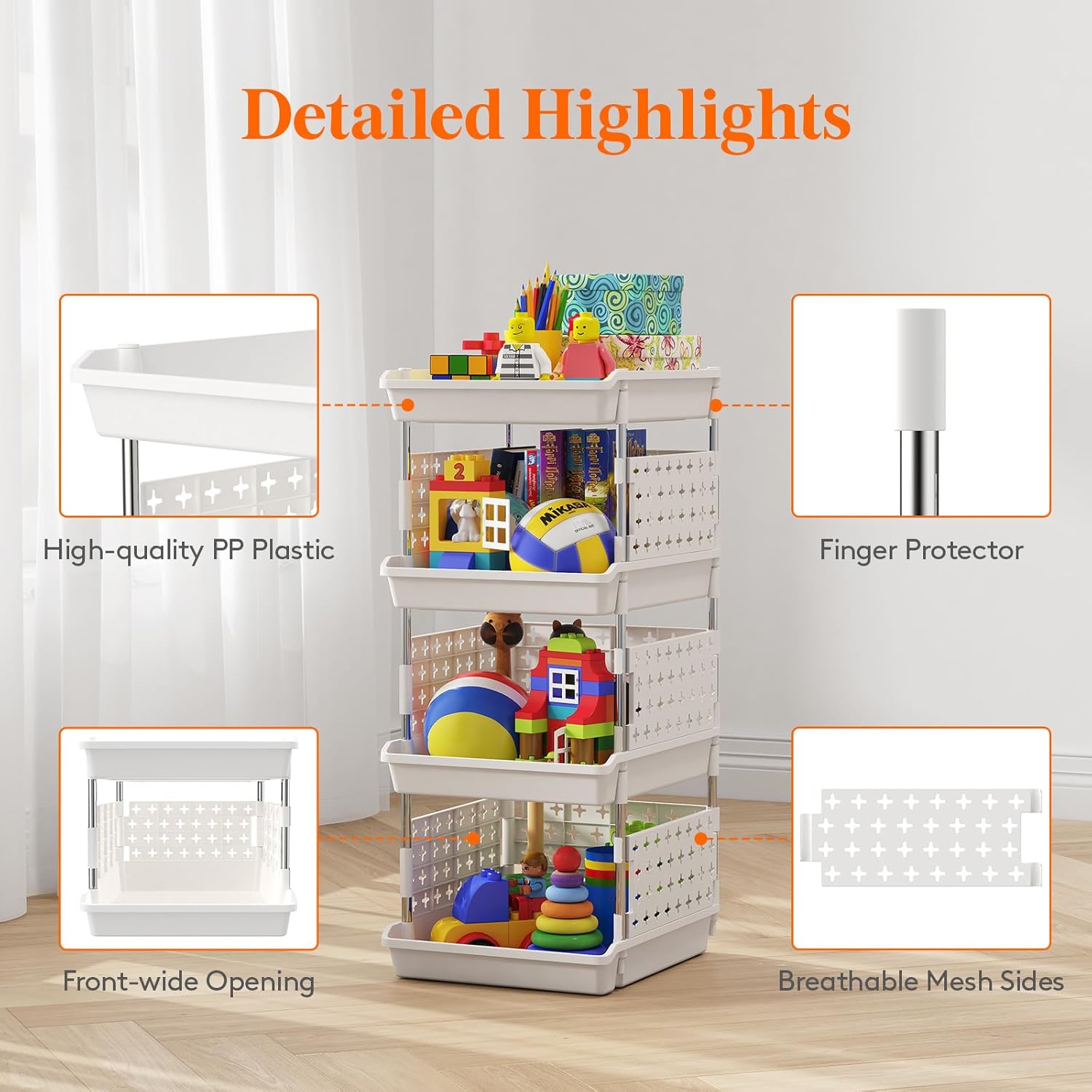 Plastic Stackable Storage Baskets, 4 Tier Stacking Bins for Food and Clothes, Multifunctional Organizer for RV, Kitchen, Playroom, Pantry and Bathroom, 13.8"D x 11.8"W x 28.3"H, 1 Pack, White - Image 7