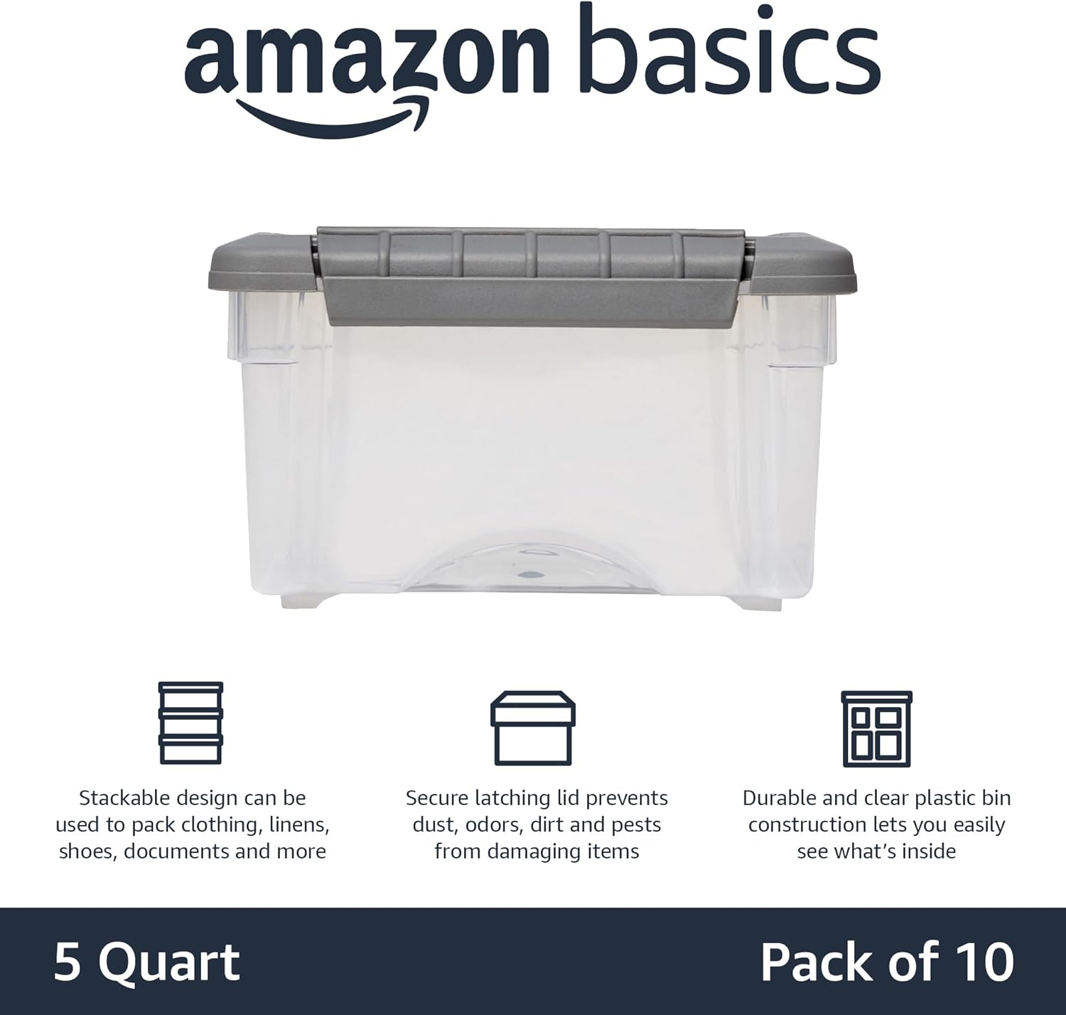 Plastic Storage Containers with Secure Latching Lids, Stackable Organization Bins for Organizing, Clear/Grey, 5 Quart, Set of 10 - Image 2