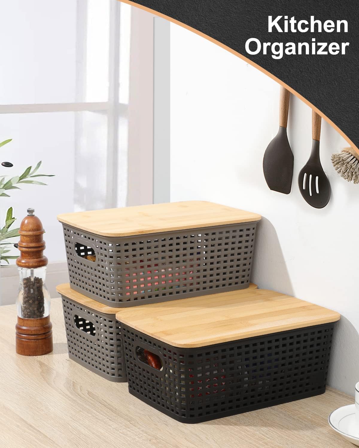 Storage Bins with Bamboo Lids Set of 6 Lidded Storage Container Plastic Baskets Organizer Bins for Organizing Kithen Room Bedroom Office Closet, Sturdy(Black) - Image 6
