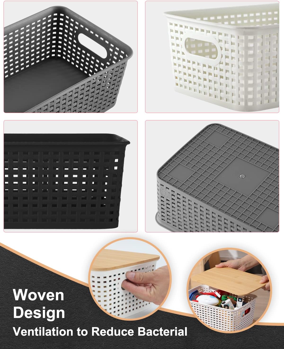 Storage Bins with Bamboo Lids Set of 6 Lidded Storage Container Plastic Baskets Organizer Bins for Organizing Kithen Room Bedroom Office Closet, Sturdy(Black) - Image 7
