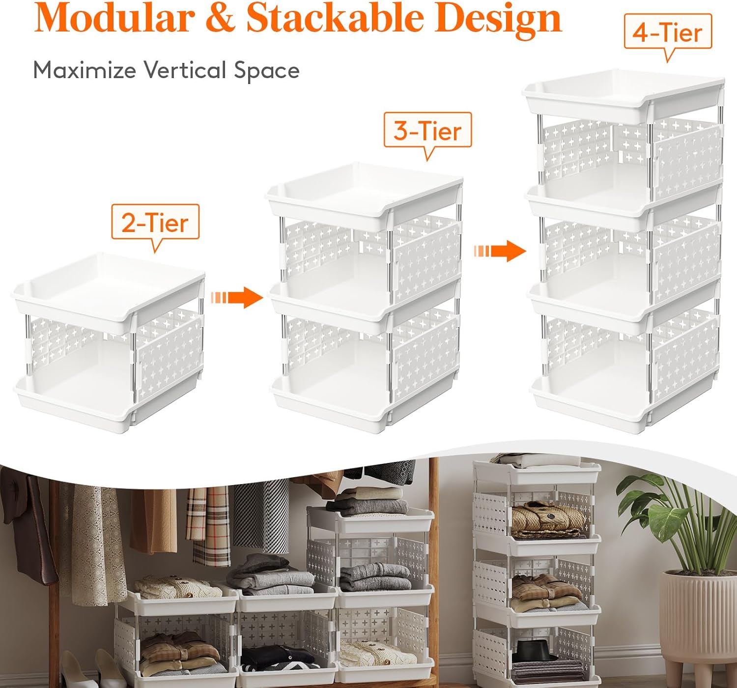 Plastic Stackable Storage Baskets, 4 Tier Stacking Bins for Food and Clothes, Multifunctional Organizer for RV, Kitchen, Playroom, Pantry and Bathroom, 13.8"D x 11.8"W x 28.3"H, 1 Pack, White - Image 5