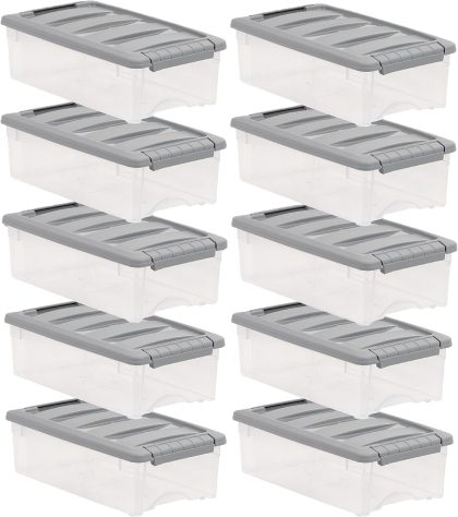 Amazon Basics Plastic Storage Containers with Secure Latching Lids, Stackable Organization Bins for Organizing, Clear/Grey, 5 Quart, Set of 10