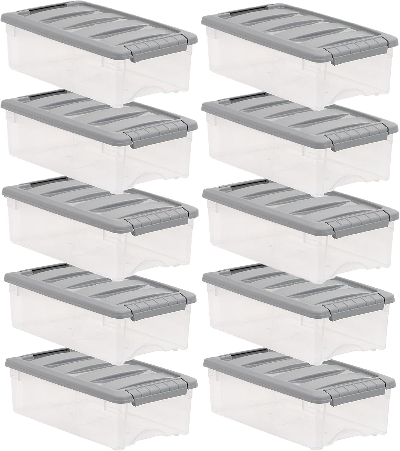 Plastic Storage Containers with Secure Latching Lids, Stackable Organization Bins for Organizing, Clear/Grey, 5 Quart, Set of 10