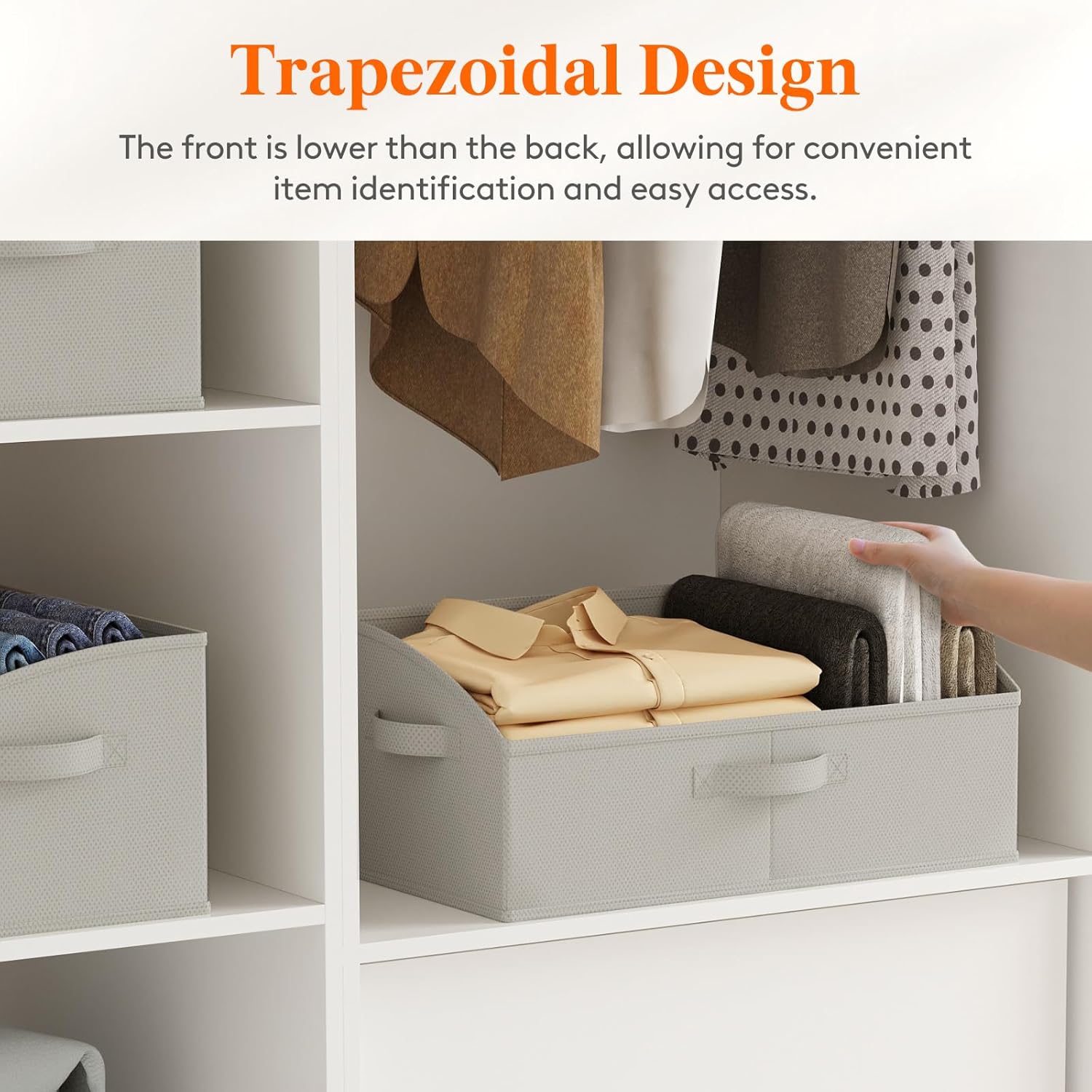 Extra Large Trapezoid Closet Storage Bins for Shelf, 6 Packs Non-woven Closet Organizer Baskets with Handles, Foldable Clothes Containers Boxes for Clothing, Book, Purse, 23L, Light Gray - Image 3