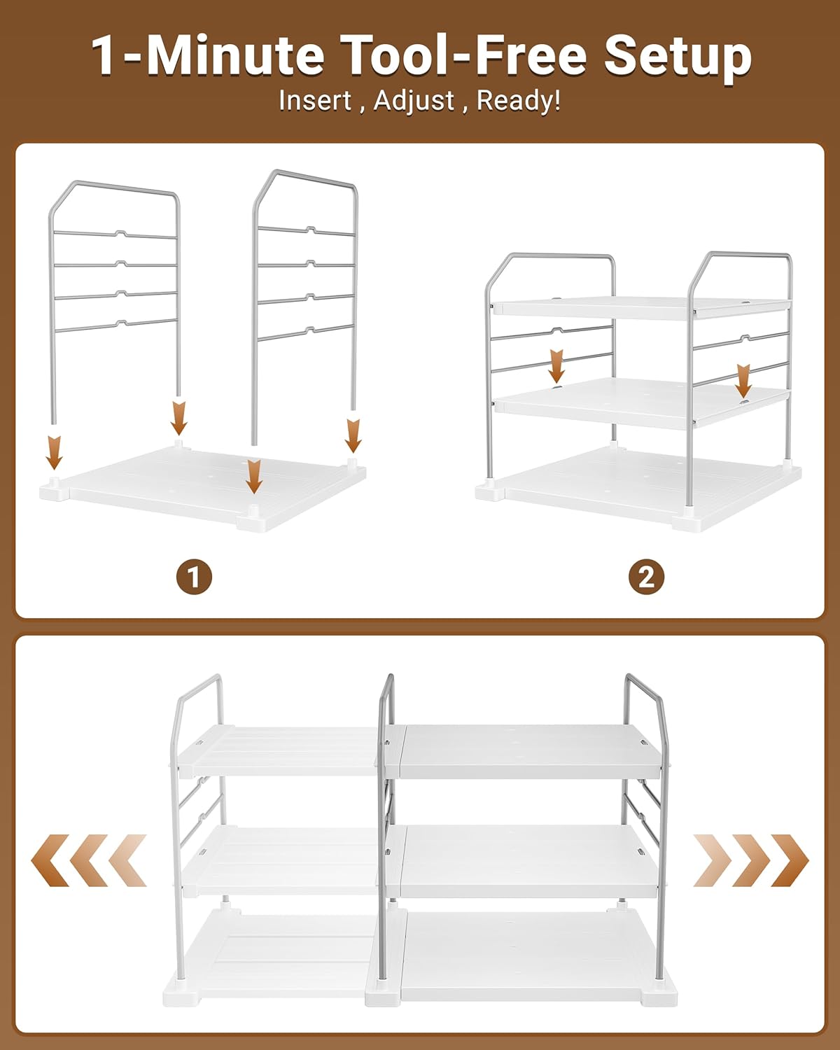 Extendable 3-Tier Kitchen Cabinet & Pantry Organizer for Plastic Wrap, Foil & Storage Bags, Adjustable Heavy Duty Shelf Rack for Wrap Boxes, Jars & Snack Boxes (11–16.7 in Wide), Pack of 1 - Image 6