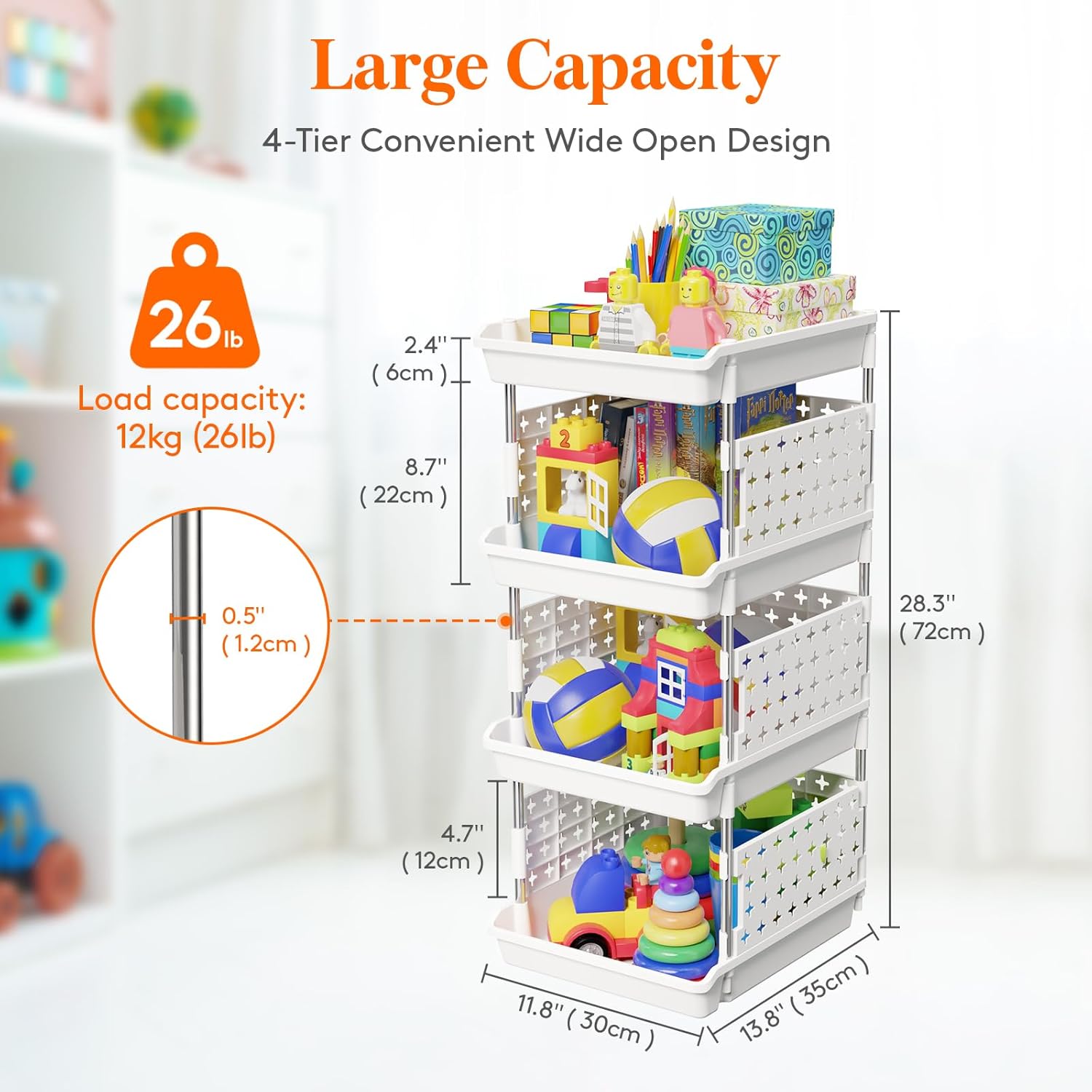 Plastic Stackable Storage Baskets, 4 Tier Stacking Bins for Food and Clothes, Multifunctional Organizer for RV, Kitchen, Playroom, Pantry and Bathroom, 13.8"D x 11.8"W x 28.3"H, 1 Pack, White - Image 3