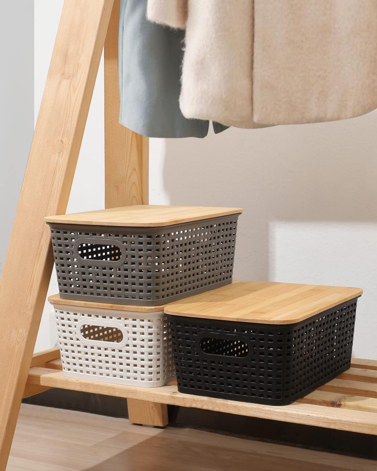 Storage Bins with Bamboo Lids Set of 6 Lidded Storage Container Plastic Baskets Organizer Bins for Organizing Kithen Room Bedroom Office Closet, Sturdy(Black) - Image 4