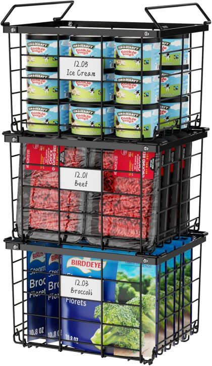 iSPECLE Freezer Organizer Bins - for 3.5 Cu.Ft Deep Freezer, 3 Pack Stackable Chest Freezer Organizer Bins with Label Plates & Folding Handles, Heavy Duty Metal Storage, Assembly Required, Black
