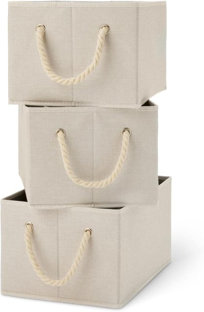 Amazon Basics Foldable Storage Bins with Rope Handles, Closet Organizers, Large, Linen, 3-Pack