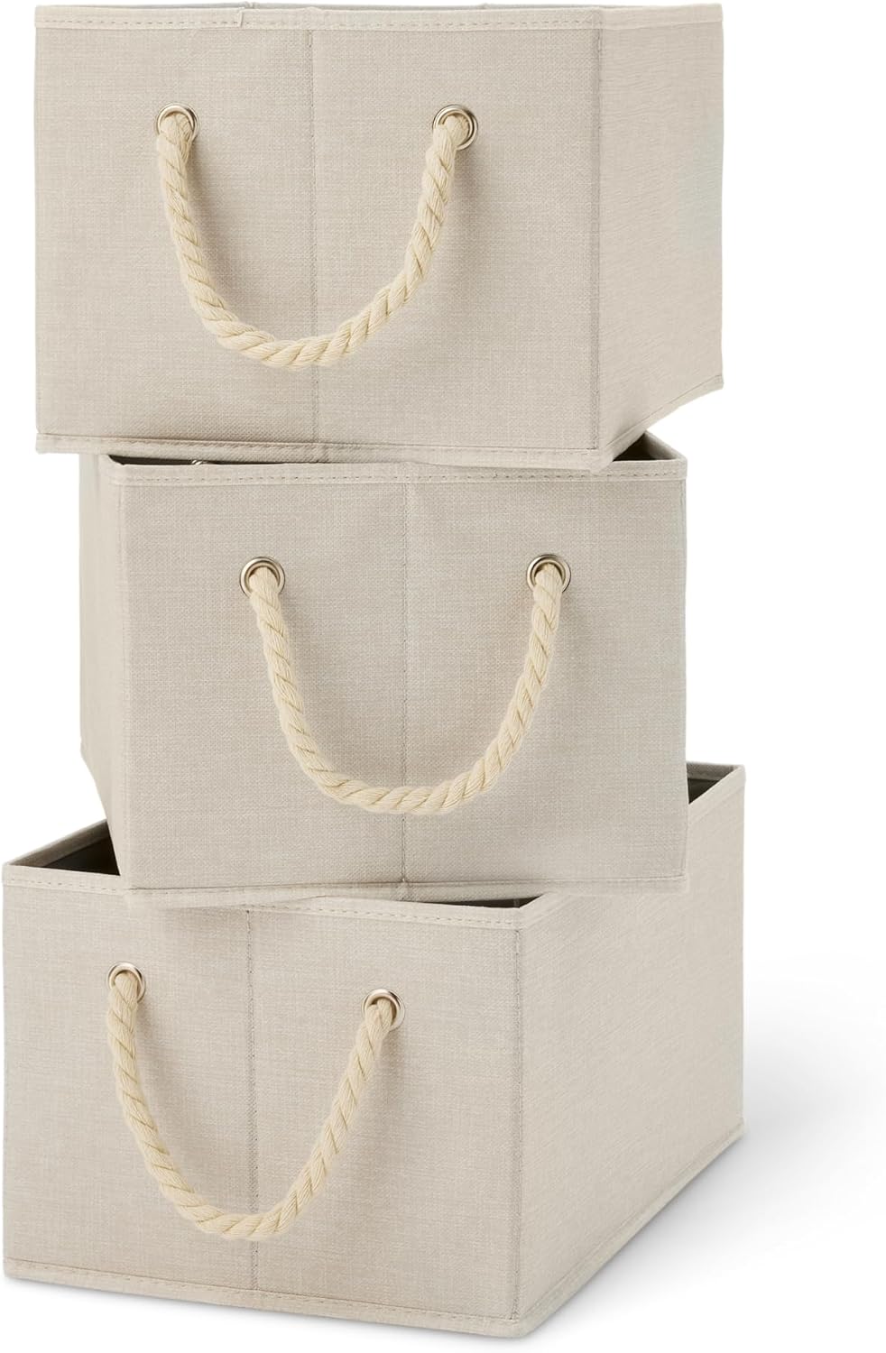 Foldable Storage Bins with Rope Handles, Closet Organizers, Large, Linen, 3-Pack