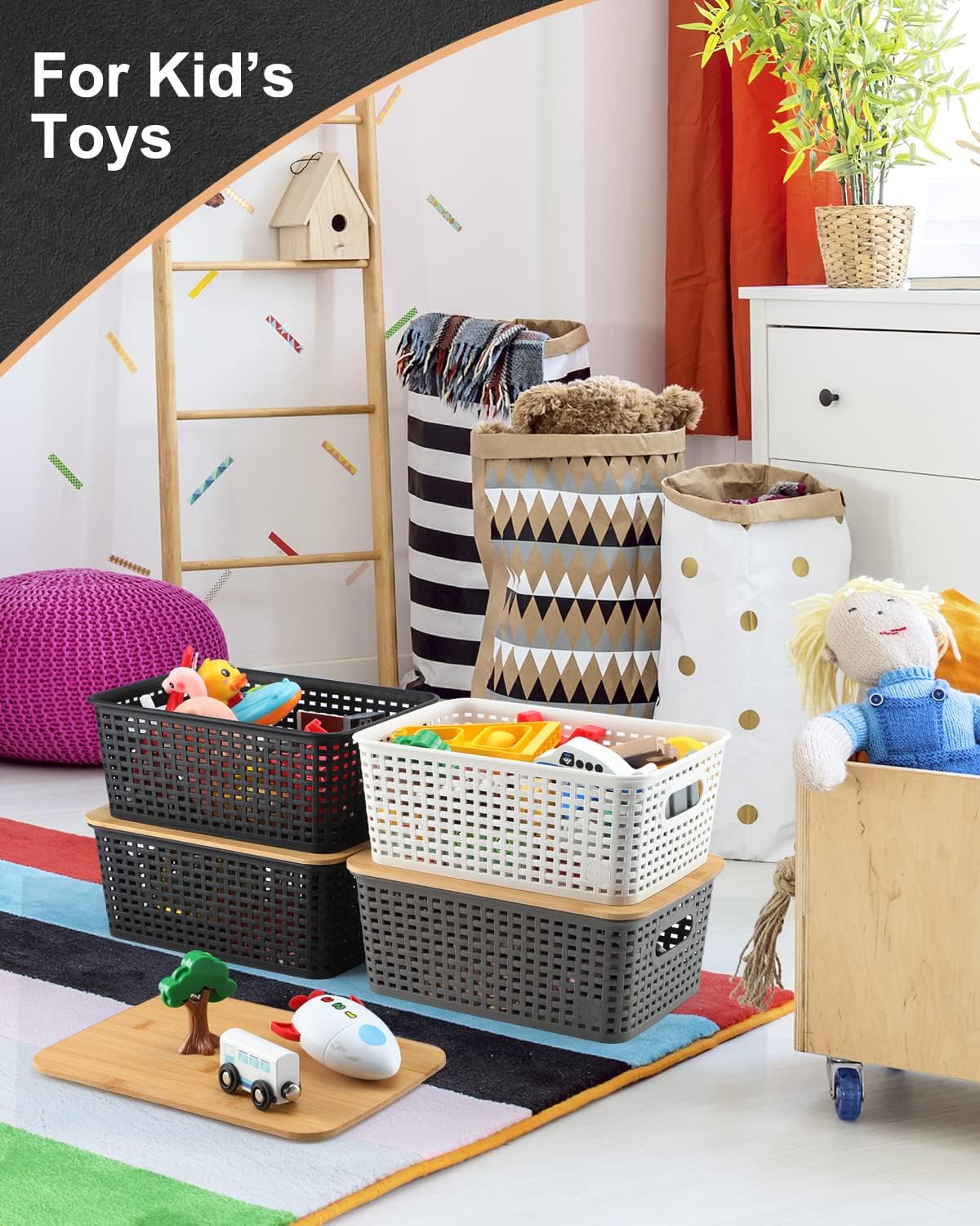 Storage Bins with Bamboo Lids Set of 6 Lidded Storage Container Plastic Baskets Organizer Bins for Organizing Kithen Room Bedroom Office Closet, Sturdy(Black) - Image 5