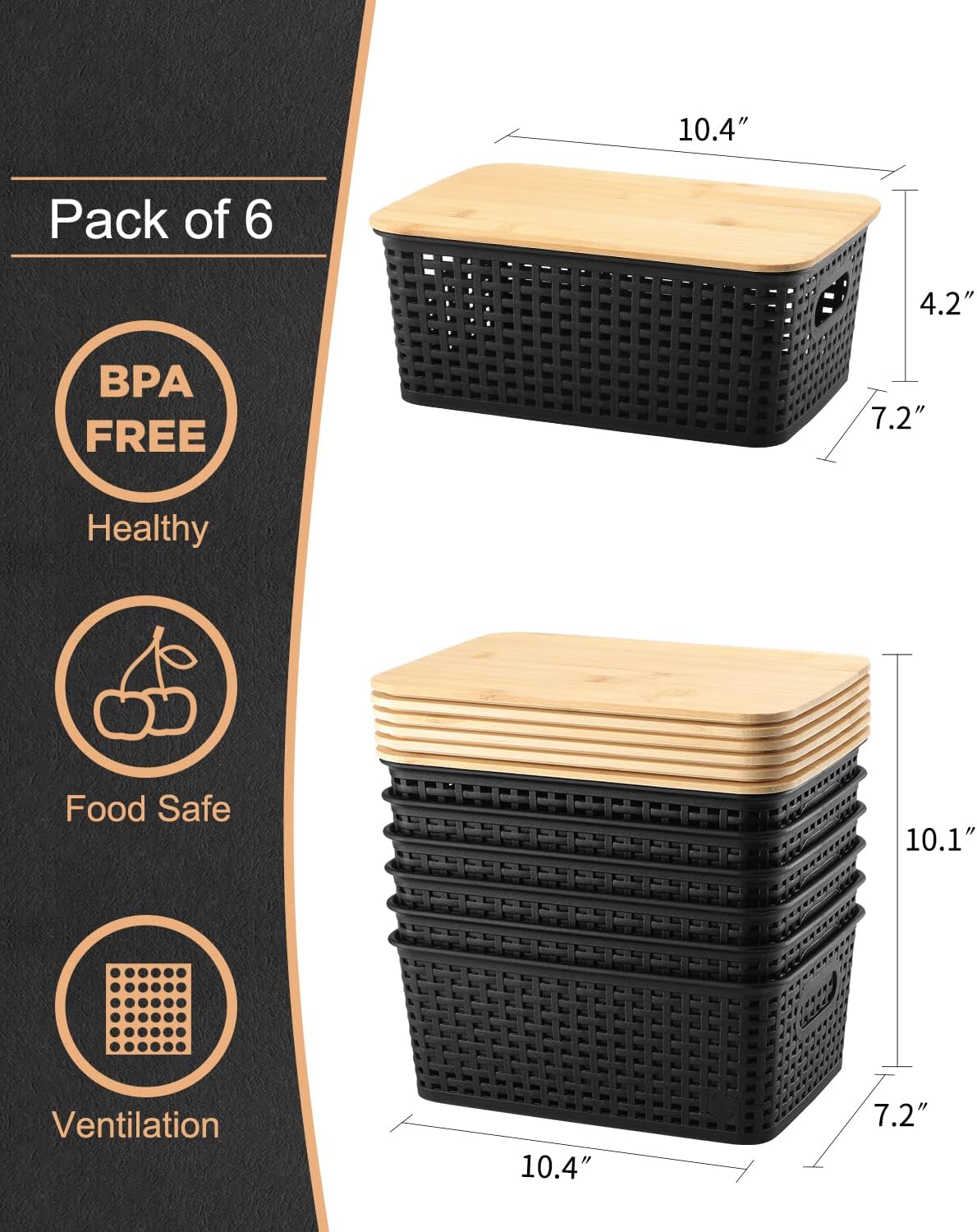 Storage Bins with Bamboo Lids Set of 6 Lidded Storage Container Plastic Baskets Organizer Bins for Organizing Kithen Room Bedroom Office Closet, Sturdy(Black) - Image 8