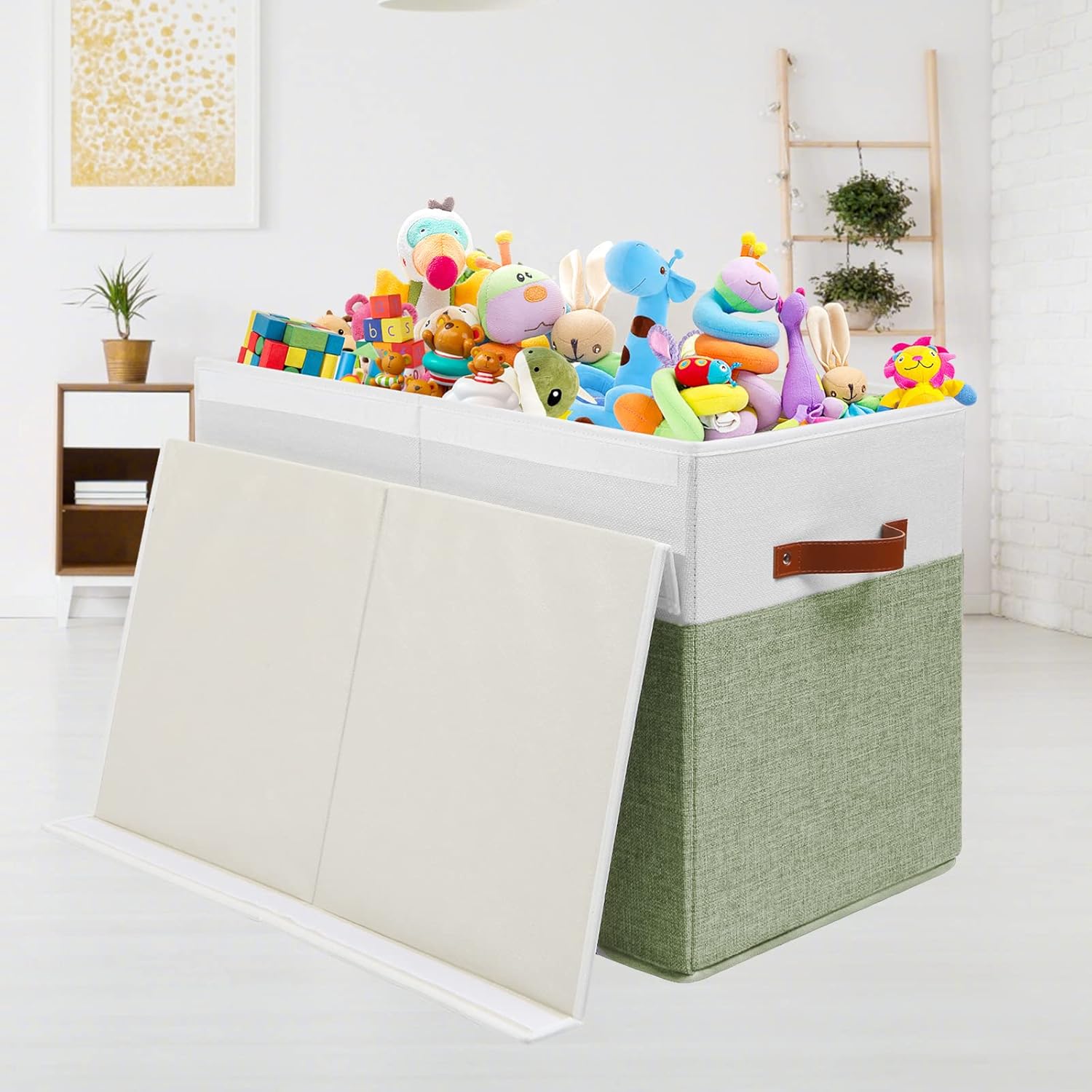 Large Toy Storage Box with Lid, Sturdy Toys Storage Chest Bin Organizer Basket with Dividers for Kids, Boys, Girls, Nursery, Closet, Bedroom, Playroom 25"x13" x16" (Green and White) - Image 5