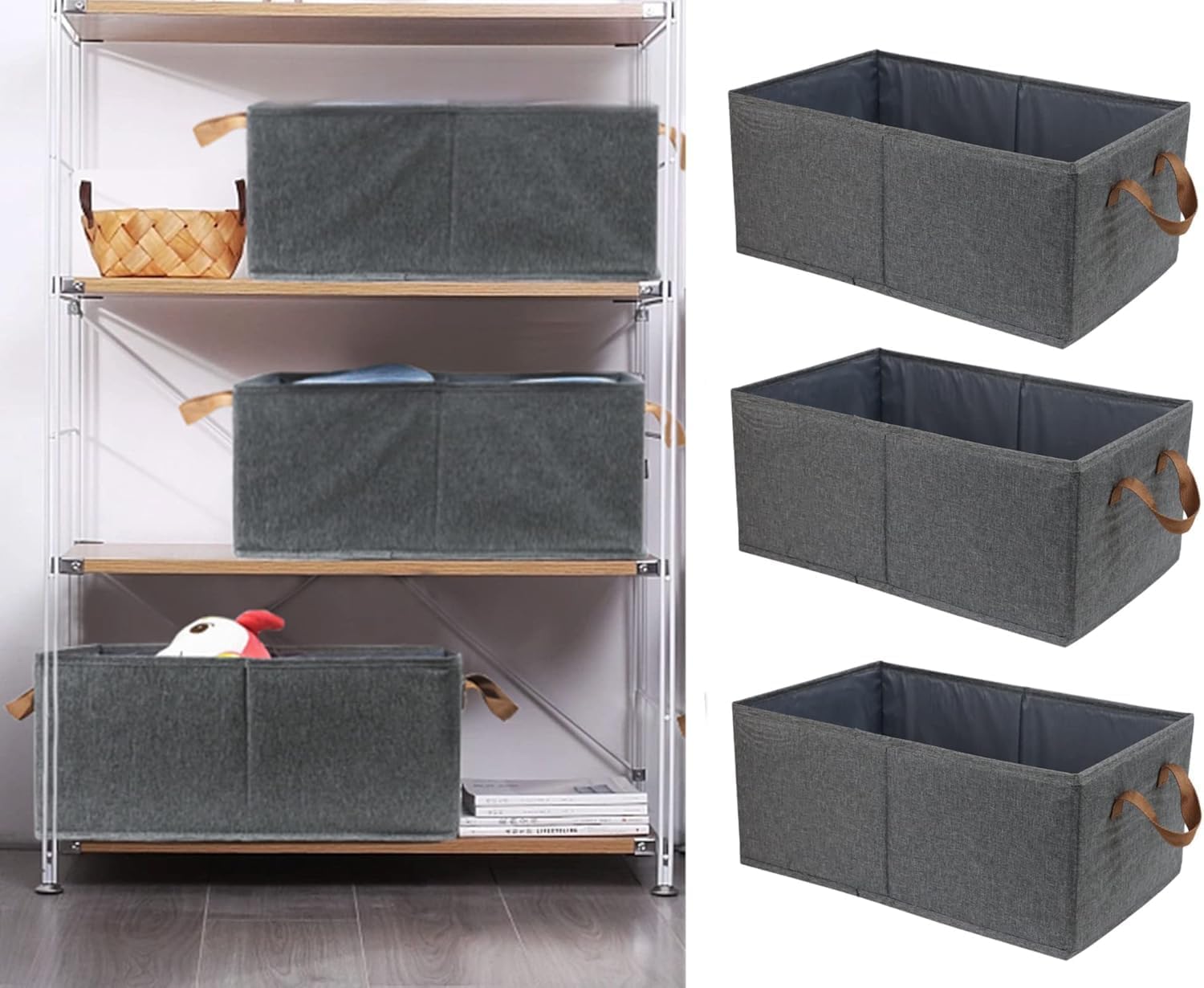Pack of 3 Large Capacity Storage Bins Closet Organizer System, Sturdy Foldable Storage Boxes for Organizing Clothing, Sheets, Toys, Books - Shelf Organizer Shelves Basket Storage Bin - Image 7