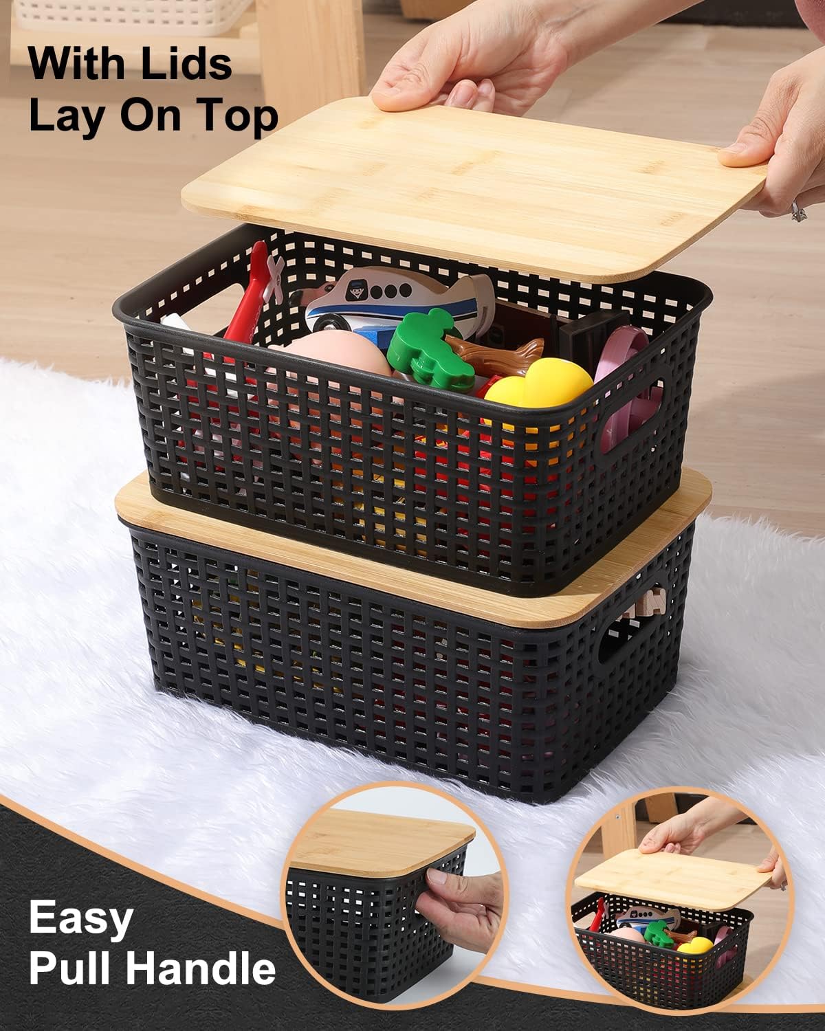 Storage Bins with Bamboo Lids Set of 6 Lidded Storage Container Plastic Baskets Organizer Bins for Organizing Kithen Room Bedroom Office Closet, Sturdy(Black) - Image 2