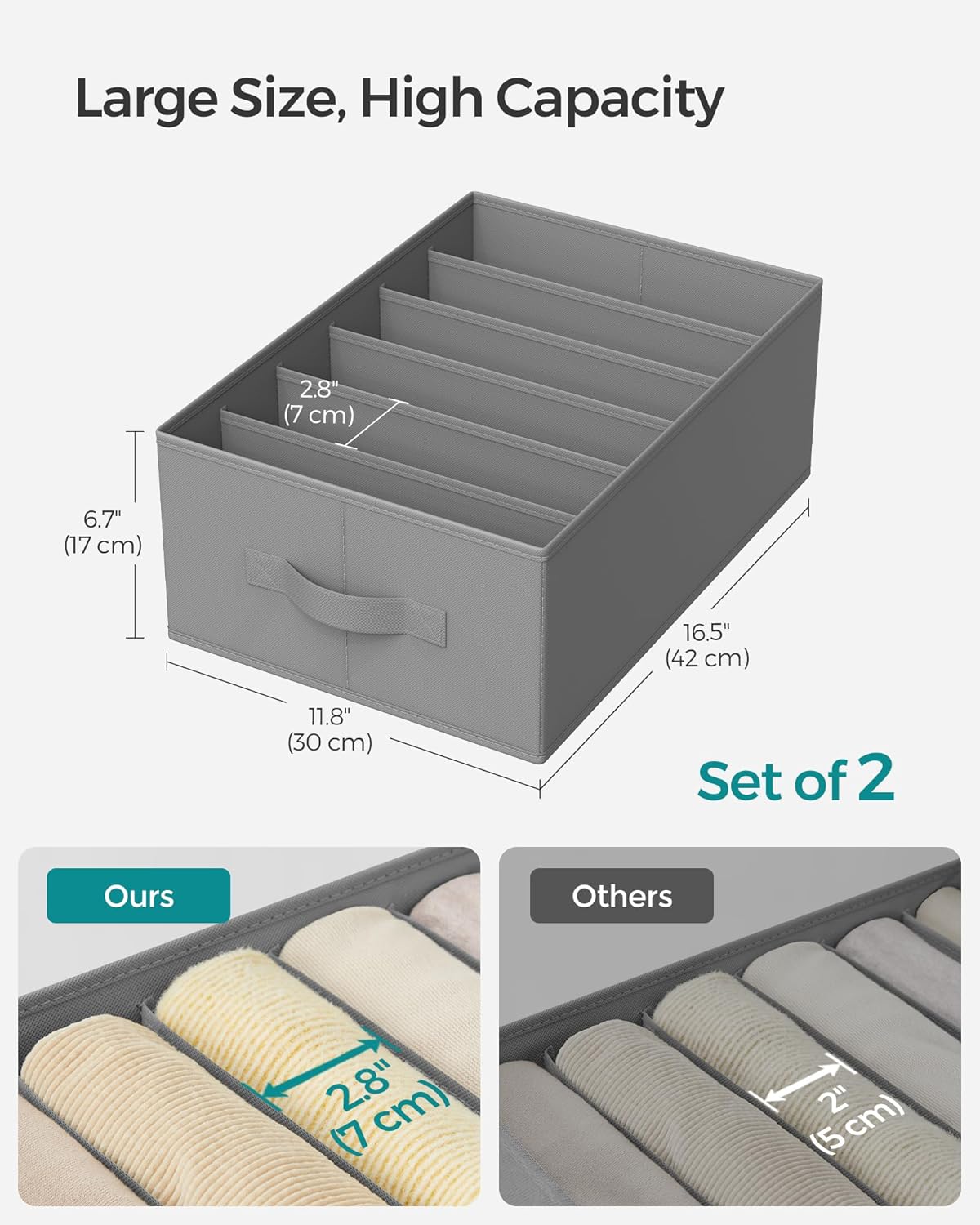 Set of 2 Large Size Wardrobe Clothes Organizers, 6-Compartment Foldable Drawer Organizers with Handles, 16.5 x 11.8 x 6.7 Inches, for Pants, Sweaters, Jeans, Dove Gray URUS009G02 - Image 5