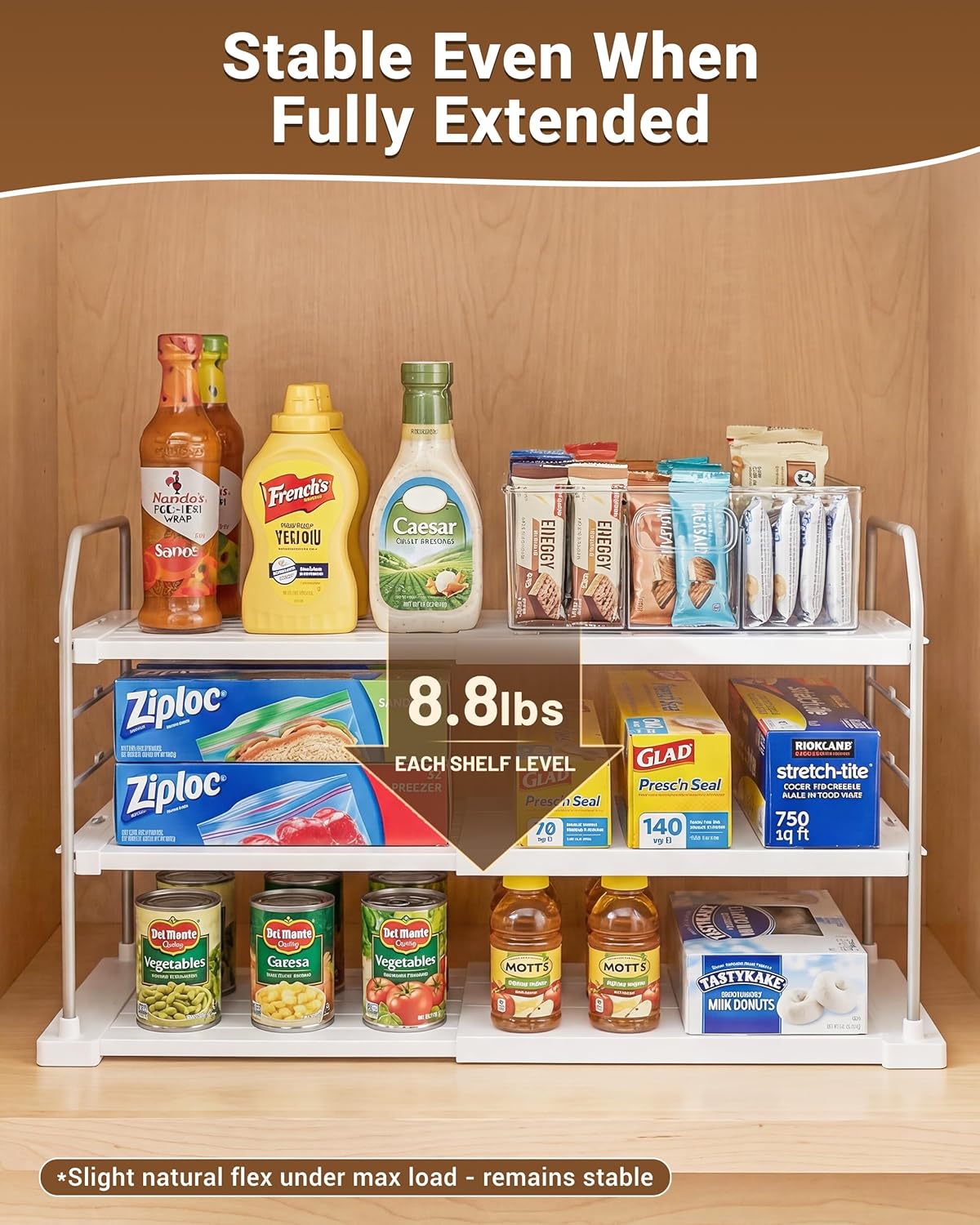 Extendable 3-Tier Kitchen Cabinet & Pantry Organizer for Plastic Wrap, Foil & Storage Bags, Adjustable Heavy Duty Shelf Rack for Wrap Boxes, Jars & Snack Boxes (11–16.7 in Wide), Pack of 1 - Image 8