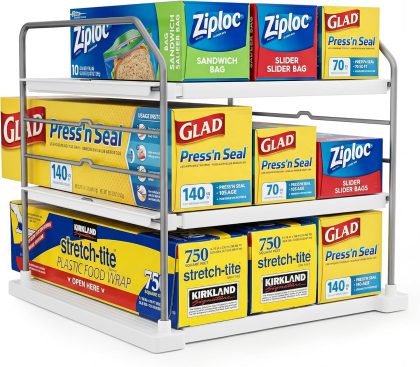 EVERIE Extendable 3-Tier Kitchen Cabinet & Pantry Organizer for Plastic Wrap, Foil & Storage Bags, Adjustable Heavy Duty Shelf Rack for Wrap Boxes, Jars & Snack Boxes (11–16.7 in Wide), Pack of 1