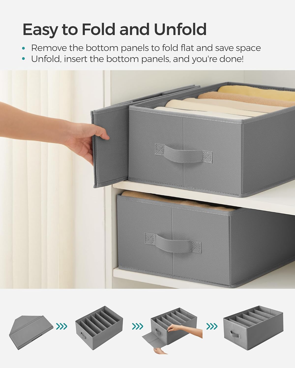 Set of 2 Large Size Wardrobe Clothes Organizers, 6-Compartment Foldable Drawer Organizers with Handles, 16.5 x 11.8 x 6.7 Inches, for Pants, Sweaters, Jeans, Dove Gray URUS009G02 - Image 6