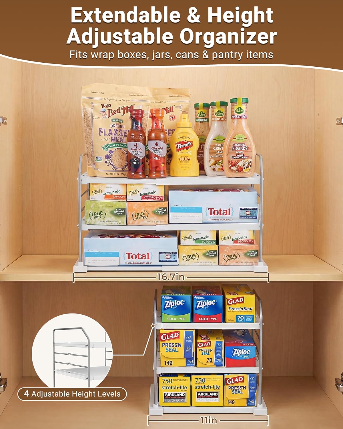 Extendable 3-Tier Kitchen Cabinet & Pantry Organizer for Plastic Wrap, Foil & Storage Bags, Adjustable Heavy Duty Shelf Rack for Wrap Boxes, Jars & Snack Boxes (11–16.7 in Wide), Pack of 1 - Image 3