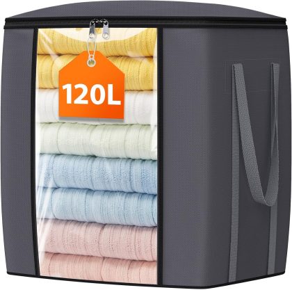 TasticTotes 120L Extra Large Clothes Storage Bags, Foldable Blanket Storage and Organization, Thick Fabric Containers with Reinforced Handles & Zippers for Clothing, Comforters, Bedding, Gray, 1 Pack