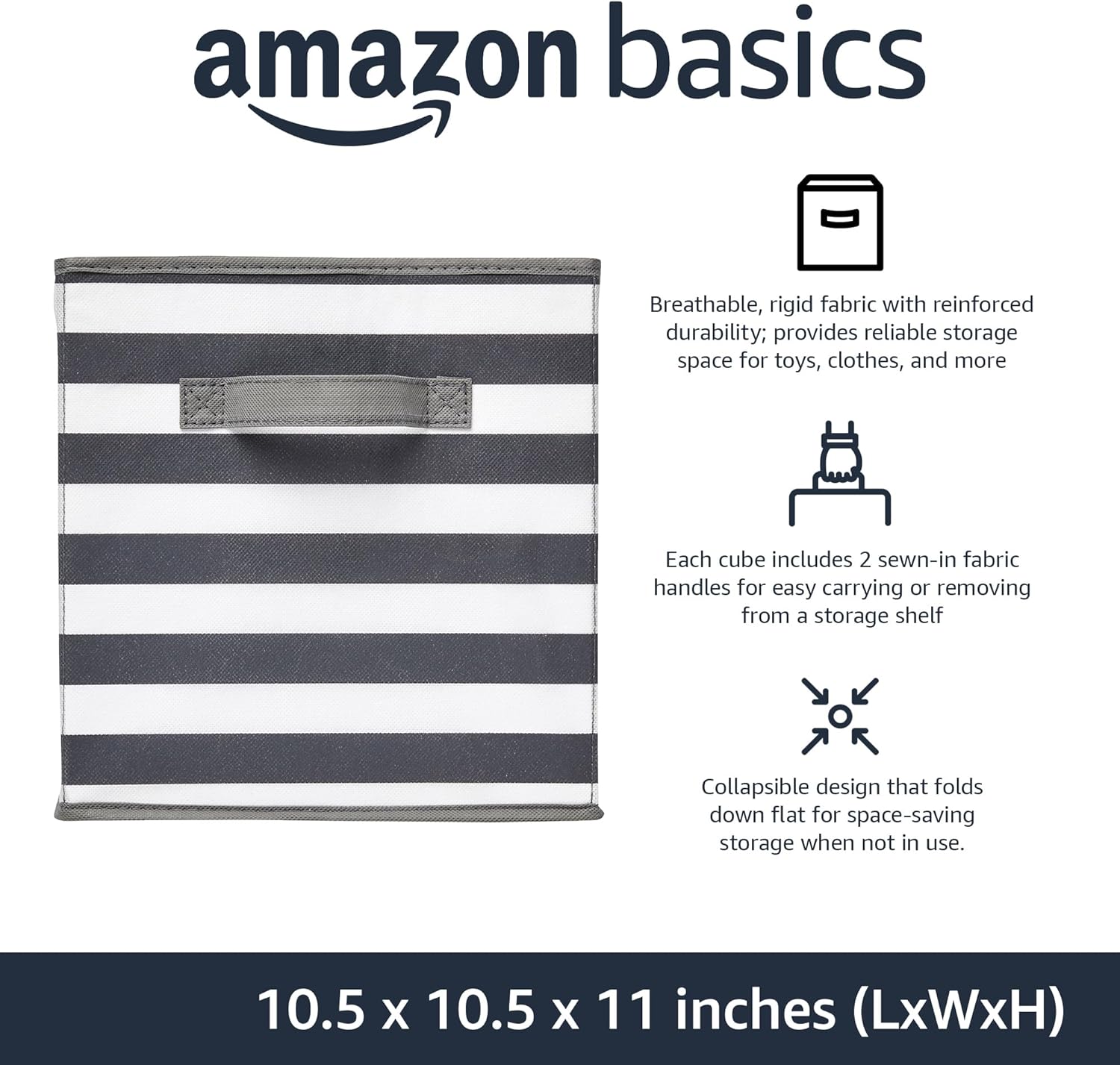 Collapsible Fabric Storage Bins with Handles, Cube Organizer for Home Organization, 10.5"x10.5"x11", White/Light Grey Stripe, 6-Pack - Image 2