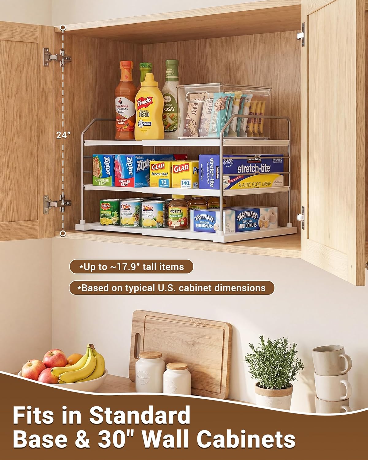 Extendable 3-Tier Kitchen Cabinet & Pantry Organizer for Plastic Wrap, Foil & Storage Bags, Adjustable Heavy Duty Shelf Rack for Wrap Boxes, Jars & Snack Boxes (11–16.7 in Wide), Pack of 1 - Image 4