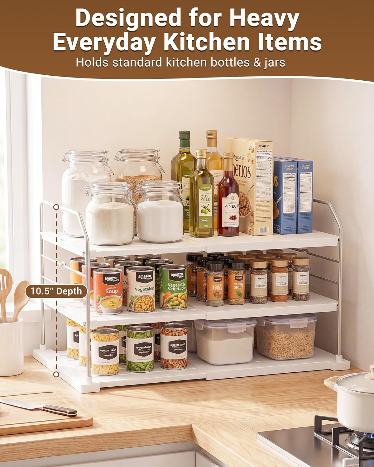 Extendable 3-Tier Kitchen Cabinet & Pantry Organizer for Plastic Wrap, Foil & Storage Bags, Adjustable Heavy Duty Shelf Rack for Wrap Boxes, Jars & Snack Boxes (11–16.7 in Wide), Pack of 1 - Image 5