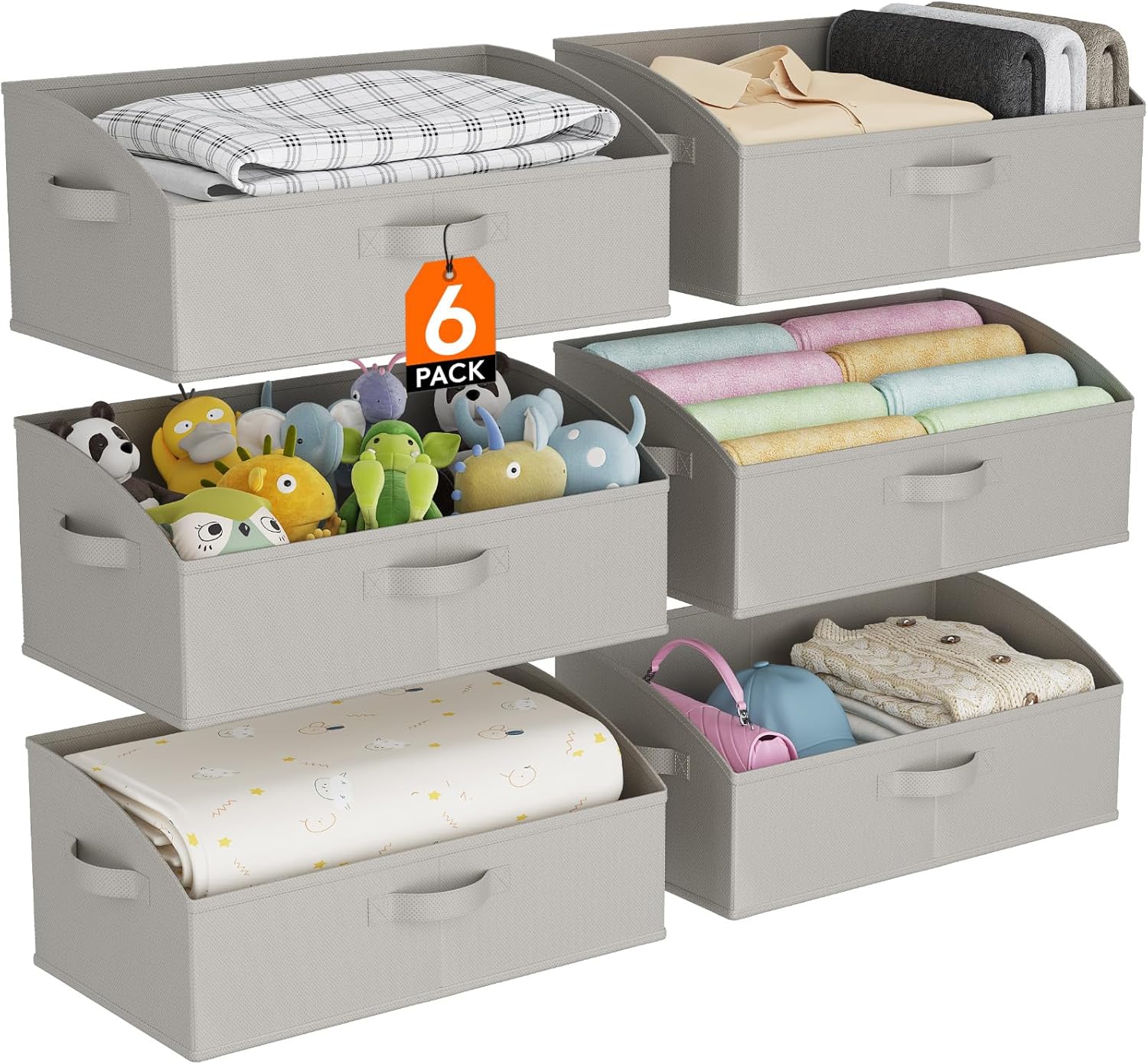 Extra Large Trapezoid Closet Storage Bins for Shelf, 6 Packs Non-woven Closet Organizer Baskets with Handles, Foldable Clothes Containers Boxes for Clothing, Book, Purse, 23L, Light Gray