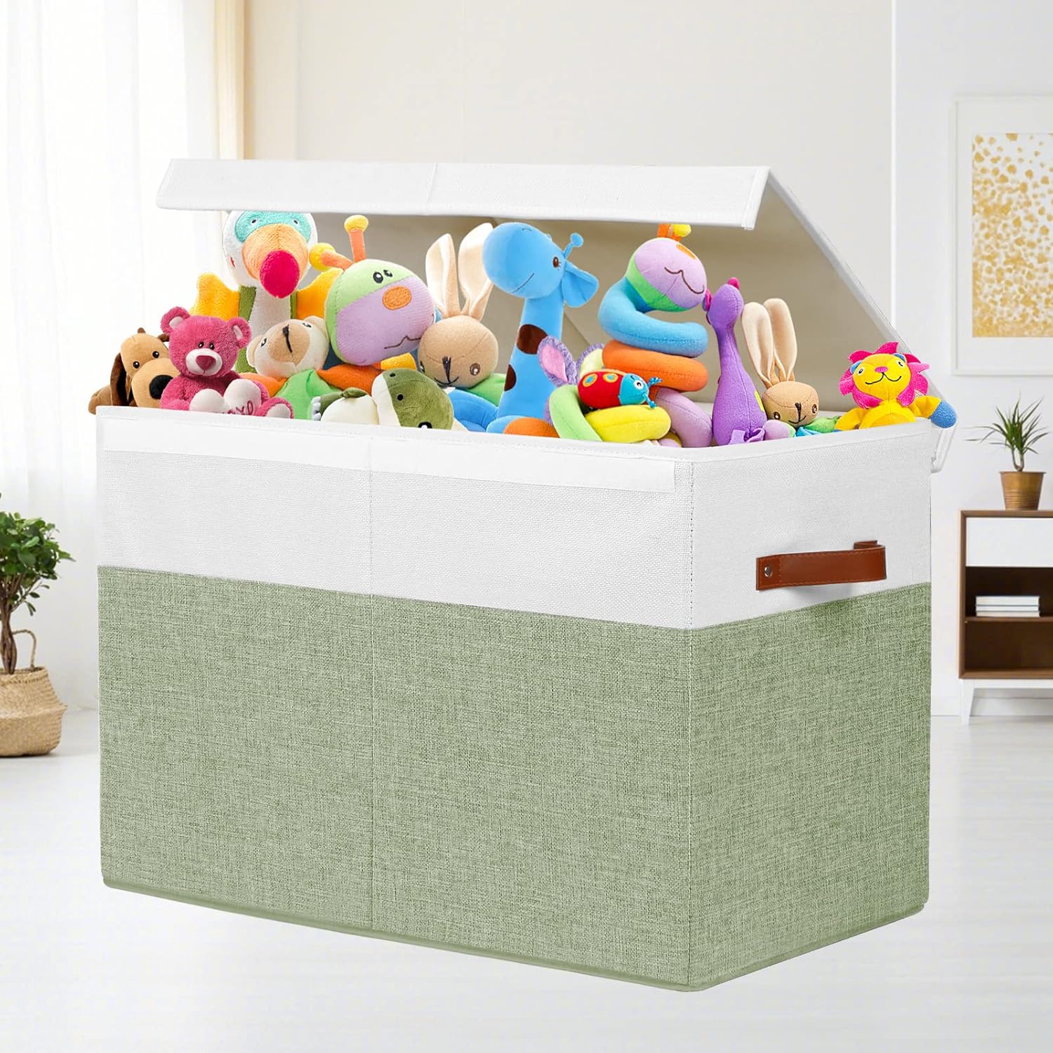 Large Toy Storage Box with Lid, Sturdy Toys Storage Chest Bin Organizer Basket with Dividers for Kids, Boys, Girls, Nursery, Closet, Bedroom, Playroom 25"x13" x16" (Green and White) - Image 2