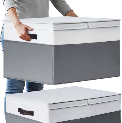 2 Pack EXTRA LARGE Blanket Storage Baskets with Lids, 22”x16”x12” Closet Organizers Bins for Clothes Towel/ Storage Box with Lid Handles/ Stackable Decorative Fabric Bins for Living Room, Nursery