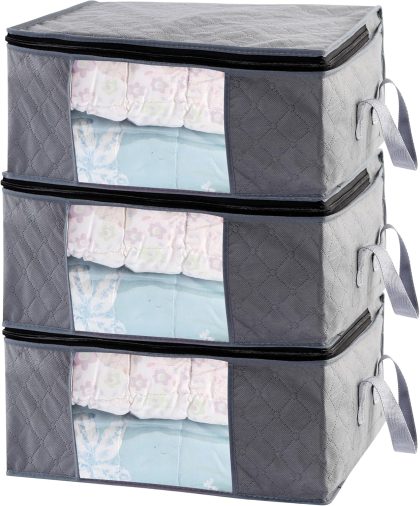 Storage Clothes Bins Closet Bags - 35L Containers Organizer Boxes Clothing Bin Organization for Organizing Blanket Pillow Sheet Sweater, Foldable Bedroom Small Storage Totes With Lids Zipper, 3pc Pack